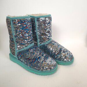 UGG Women’s Classic Short Sparkles Sequin Sheepskin Boots Aqua Blue Size 6